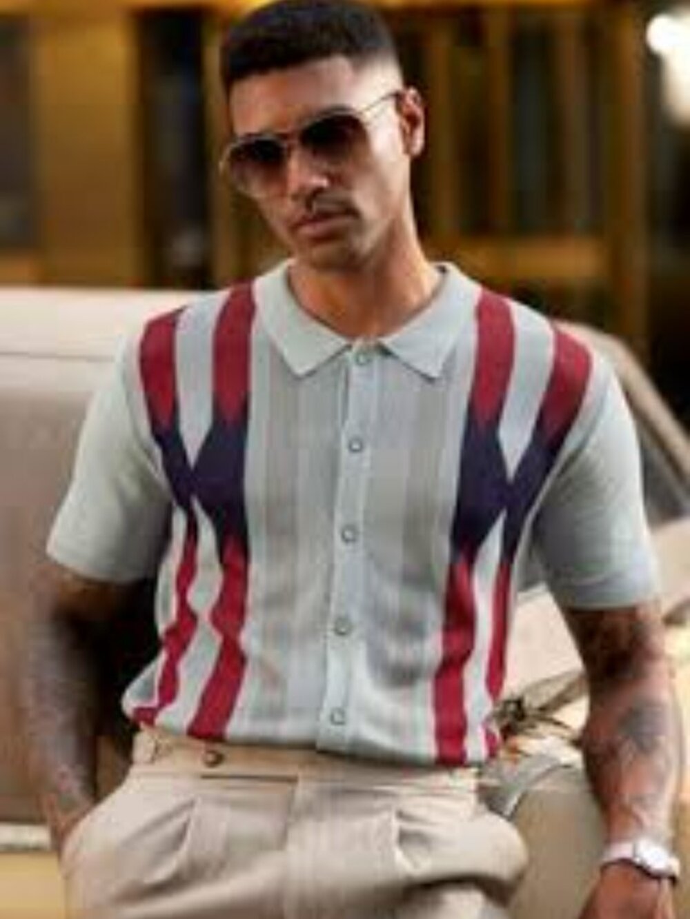 Pointelle Knit Stripe Button-Front Shirt in White, Red & Navy NWOT